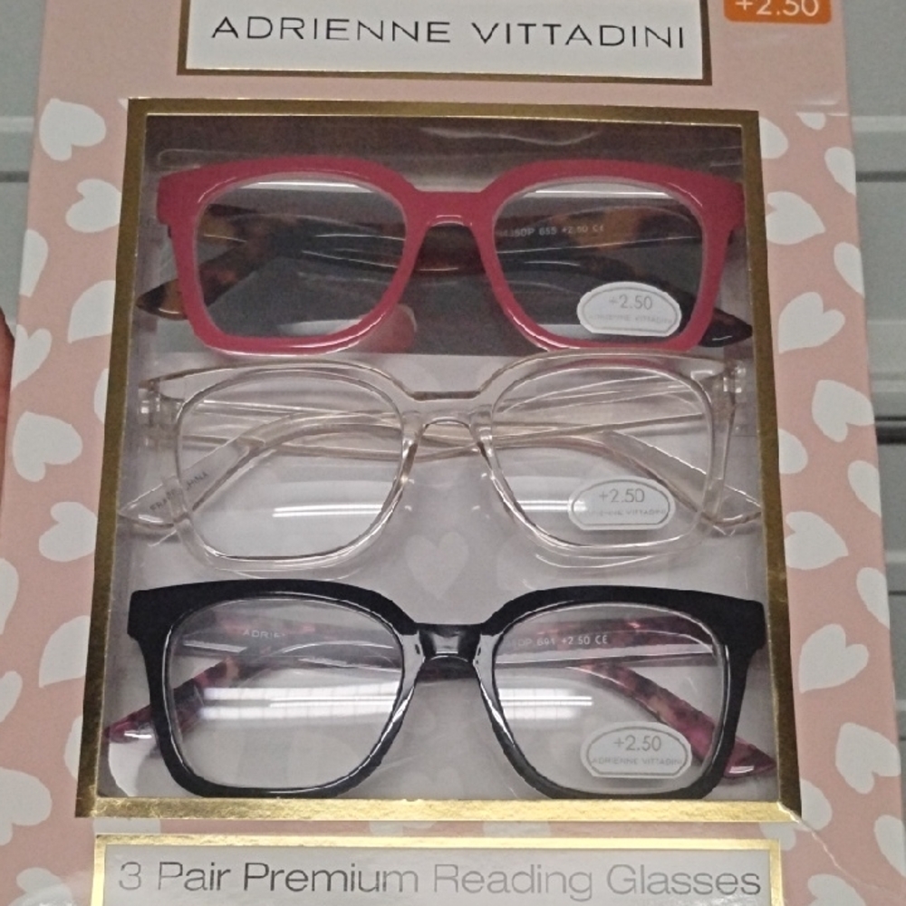 Adrienne Vittadini 3-Pack Reading Glasses in Pink, Clear, Black +2.50